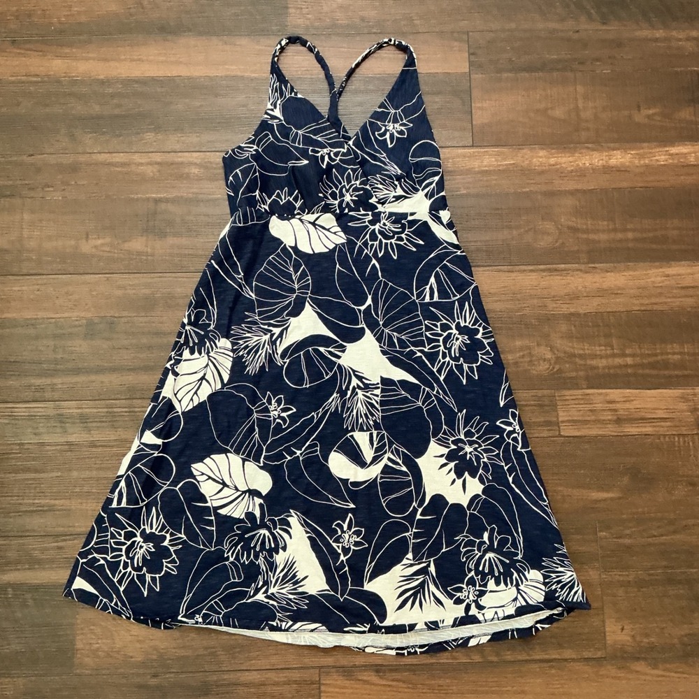 Patagonia Floral Racerback Sundress Navy Blue White Cotton Blend Small Summer